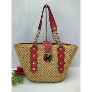 Michael Kors Santorini Straw Corn Husk Leather Trim Turn Lock Tote Shoulder Bag